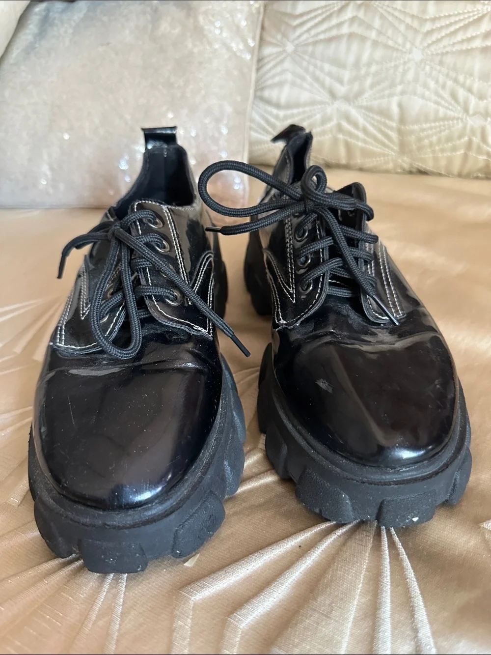 Men's Black Patent Lace-Up Chunky Shoes